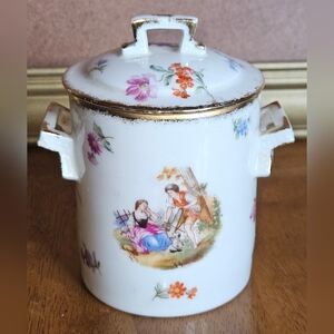Vintage White Porcelain Covered Condensed Milk Holder w Floral & Pastoral Scene